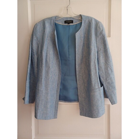 Talbots linen open blazer jacket 14 blue Coastal granny office professional - Picture 8 of 12